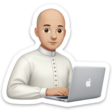 memoji of a bald brown man with a laptop in front, apple-style,modern,fair white skin,dark hair,white bishop collar shirt,behind the computer sticker