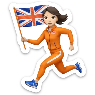 asian woman in orange sport suit and holding uk flag in one hand, running sticker