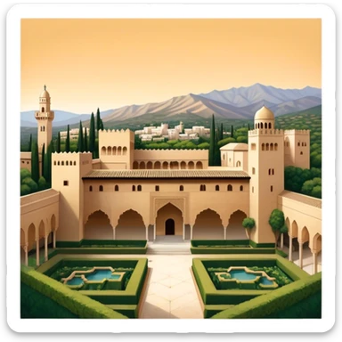 ​Cinematic Realistic Alhambra, depicted as a panoramic, zoomed-out view of the entire majestic Moorish palace complex with intricate arches, expansive courtyards, and lush gardens, bathed in soft golden lighting that highlights its opulent historical beauty, sticker