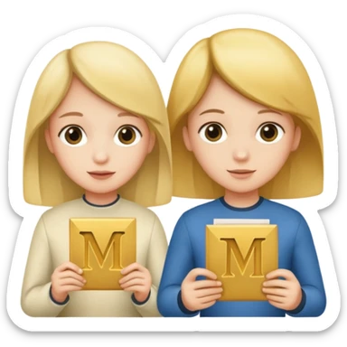 Create two letters, N and Y, in the shape of sisters. Create an image of a boy holding the letter N and a girl holding the letter M  sticker