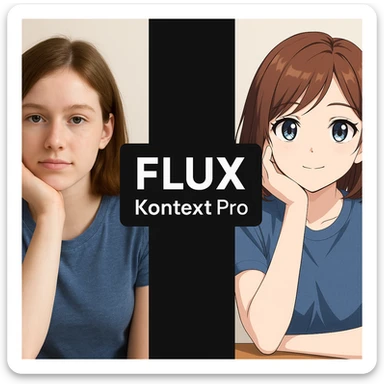 create before after image of a girl before is realsitic photo, after is anime version of her in same pose and clothes, add logo with text of a "FLUX Kontext Pro" in middle in big, black background sticker