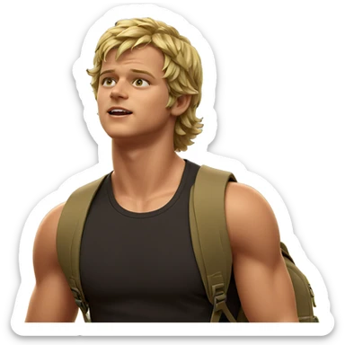 blonde boy outdoors with backpack sticker