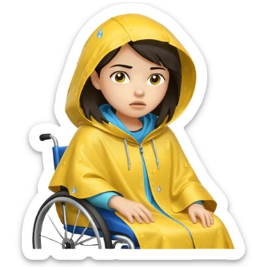 Girl with dark hair  in a wheelchair with rain poncho mad with raining  sticker