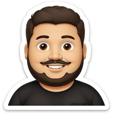 Joven obese, cuerpo grande, latino piel canela, cara redonda-ancha, scruff sin barba completa, cejas gruesas, pelo oscuro ondulado flat largo hasta el cuello. Sonrisa amplia, expresión alegre. Camisa negra. Size large.  sticker