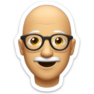 friendly bald man with gold circle glasses, brown mustache, goofy man, silly guy sticker