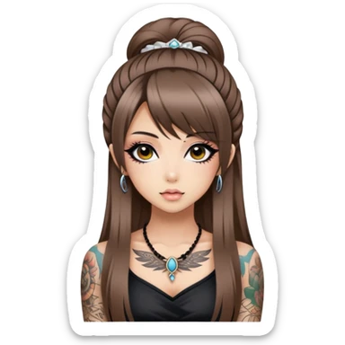 hime gyaru girl, long straight brunette hair, tattoos, dark makeup,  sticker