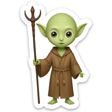 little green alien with bald head, big eyes, big ears, wearing a brown robe and holding a walking stick with both hands sticker
