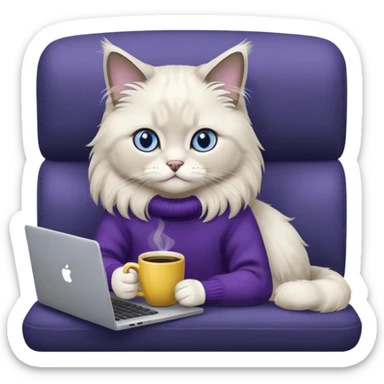 a cute blue eyed ragdoll cat wearing the dark violet sweater with yellow letteting "Milena" sitting on the grey sofa with grey laptop and drinking coffee sticker