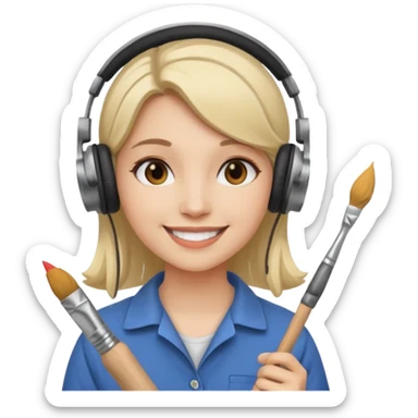female artist wearing headphone, holding painter sticker