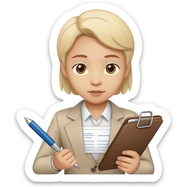 A person holding a checklist and pen is wearing smart casual clothing. The character is in a focused pose sticker