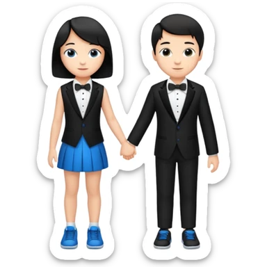 generate a pretty bratz fair skinned boy with short black hair wearing a black tux with blue sneakers with a girl sticker