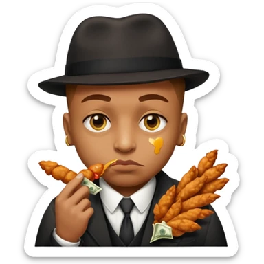 Gangster with money signs for eyes eating a chicken wing  sticker