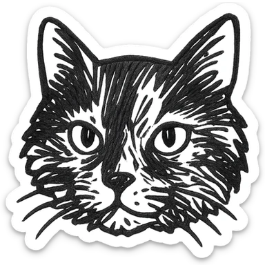 tortie cat face, hand-drawn sketch style, detailed fur, white background sticker