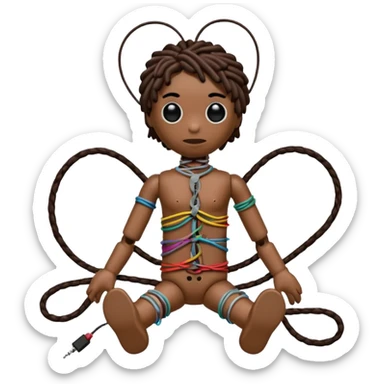 voodoo doll tightly bound with tangled AUX cables. sticker