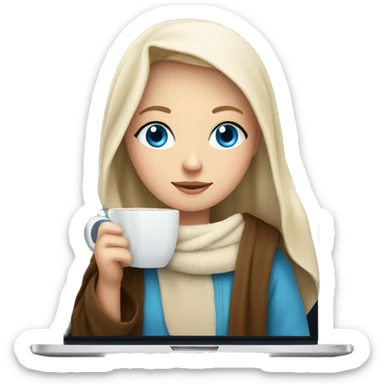 White Girl with blue eyes drinking tea with blanket on a macbook sticker