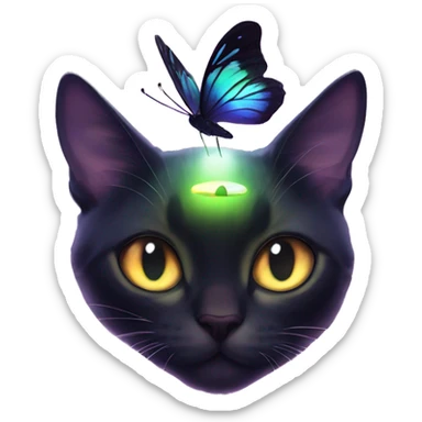 Dark iridescent butterfly glowing on top of cats head  sticker