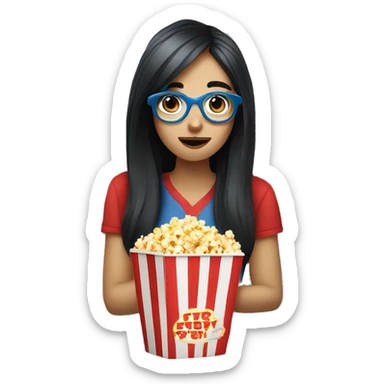 Pale girl with long black hair eating popcorn with red and blue glasses sticker