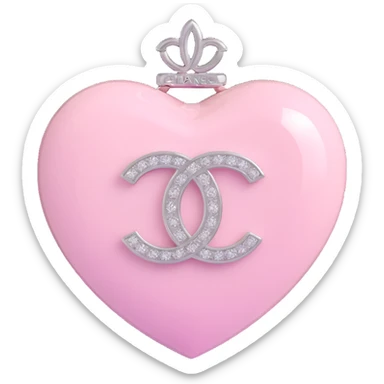 Add a soft pink glow around the glossy white heart with diamond accent and silver Chanel logo, elegant, white and silver color scheme, keep the background transparent except for the glow. sticker