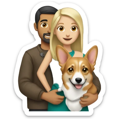 blonde girl with arab guy holding a corgi in their arms sticker