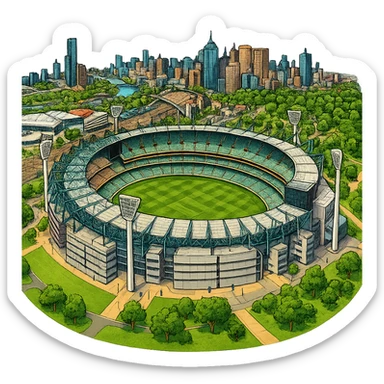 Изометричная, яркая, детализированная и фотореалистичная иллюстрация стадиона Melbourne Cricket Ground в стиле 3D-коллажей городов, насыщенные цвета, аккуратные и чёткие линии, мультяшно-реалистичная стилистика. Чёткие контуры, прозрачный фон, высокое качество. sticker