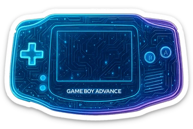 Transform the Gameboy Advance into a cyberpunk, holographic style with glowing neon blue and pink edges. Add intricate circuit patterns throughout the entire device while maintaining the recognizable shape, buttons, and screen. Overlay neon and circuit effects in a futuristic, clean style consistent with cyberpunk icons. The whole device should have a consistent cyberpunk glow and intricate circuit details. Transparent background. sticker