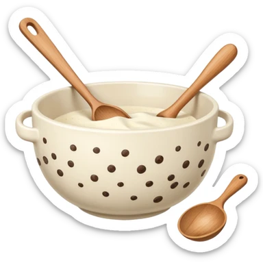 a cream ceramic mixing bowl with a wooden spoon stirring sticker