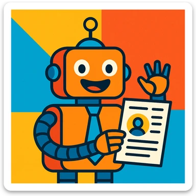 a recruiter robot with a tie, smiling, holding a resume, cartoon style, bright colors, vibrant and approachable sticker