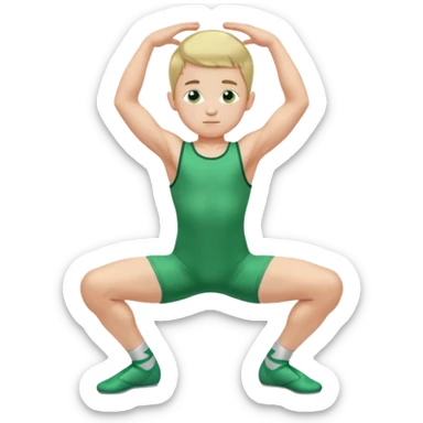 Little boy in a green sleeveless u-neck legless leotard flexing his arms and bending his knees sticker