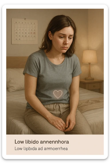 3D realistic medical illustration: a young woman in her 20s or 30s sits on the edge of a bed in a softly lit bedroom, looking thoughtful and slightly concerned. She wears comfortable loungewear, her posture is slouched, and her expression is subdued. Subtle visual cues—such as a faded calendar with missed menstrual cycles and a dimmed heart or energy icon near her abdomen—symbolize low libido and amenorrhea. The scene is realistic, intimate, and empathetic. sticker