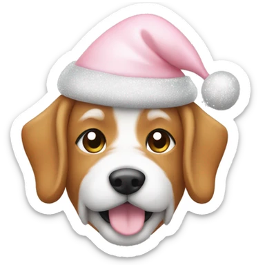 A peach color dog wearing a light Pink Santa hat with sparkles sticker