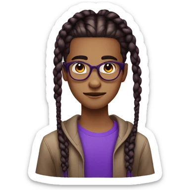Brown teen nerd androginous boy with black and dark purple box braids showing near the eyes sticker