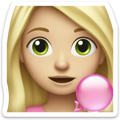 Blonde girl with long hair and green eyes blowing a pink bubble and winking sticker