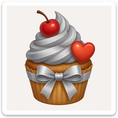 Add a silver ribbon and a heart-shaped candy to the cupcake with silver frosting and a cherry on top in emoji style. sticker