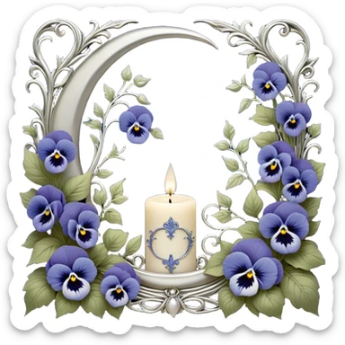 A peaceful sanctuary under the glow of a silver crescent moon, where lush blue pansies bloom in a secluded garden. The pearl-colored candle, adorned with delicate engravings, flickers with a soft luminescence, its wax melting into artistic patterns. Silver ivy vines weave through the flowers, catching the moon’s glow. A gentle breeze lifts tiny petals into the air, creating a serene and poetic atmosphere, while subtle celestial runes appear faintly in the candle’s light. sticker