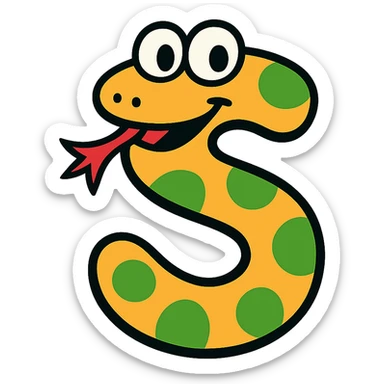 the letter S designed as a playful cartoon snake with a forked tongue and bright colors sticker