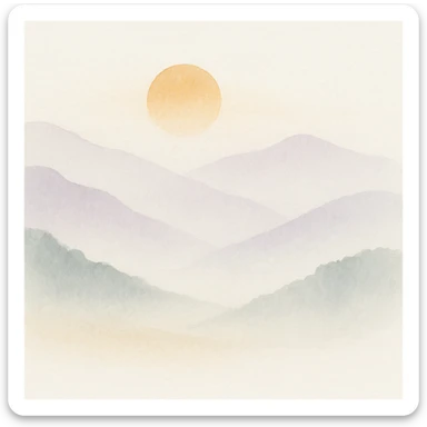 aesthetic morning sunrise, misty mountains, golden sunlight, tranquil mood sticker
