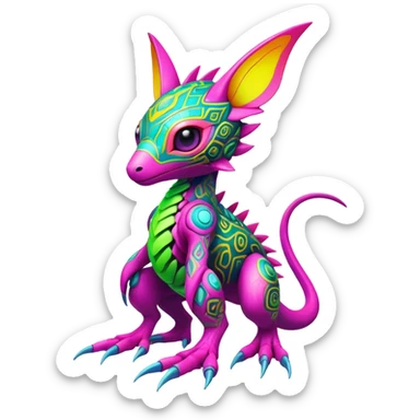 Tropical futuristic lush warm-colored modern colorful neon-colored cyber-Fakémon-Digimon-Trico-creature sticker