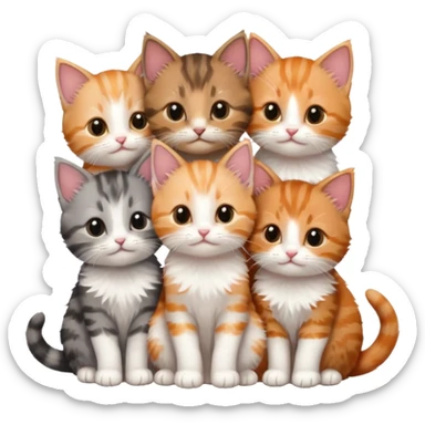 6 tiny kittens cuddling together all different colours, the first one is grey and white, the second is ginger and white and the third is brown tabby and white sticker