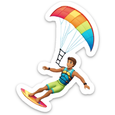 A professional kite surfer performing a high-flying trick on the waves, with a colorful kite soaring above. The background features a stunning landscape of rolling ocean waves, a bright sky, and distant mountains, emphasizing the skill and freedom of the sport. sticker