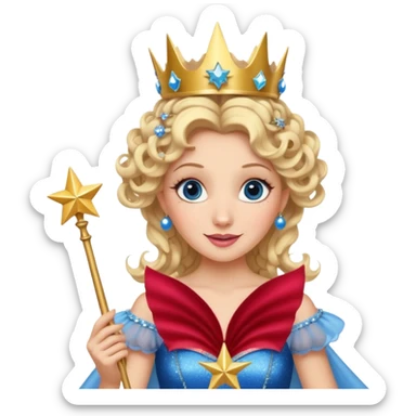Glinda from Wicked, happy expression, blonde curls, glittery crown, blue ballgown, holding a star wand sticker