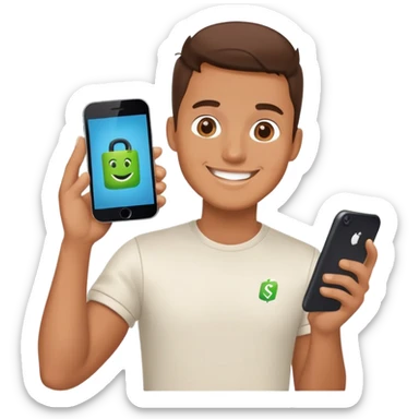 a man showing a phone with a shopify logo smiling sticker