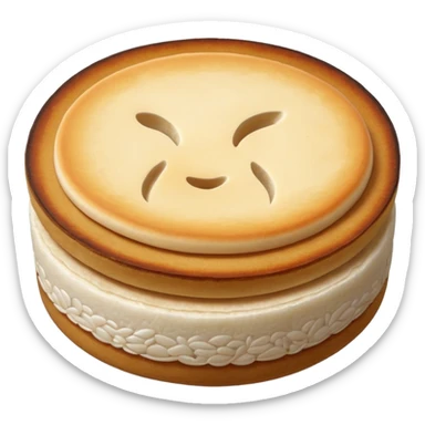 round flat rice cake, lightly toasted surface, sticker