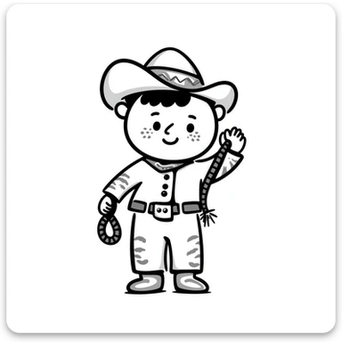 A hand-drawn plush baby cowboy toy with a lasso and cute freckles sticker