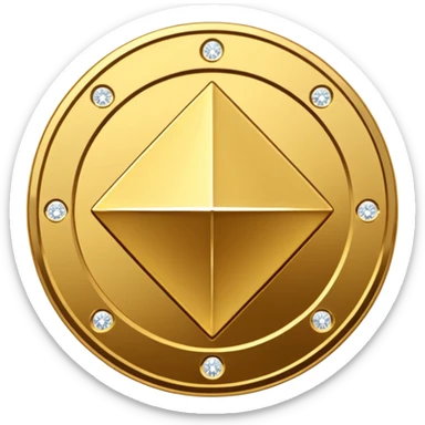 Create a high-quality 3D render of a shiny yellow/gold coin. In the center of the coin, place a diamond-shaped logo (“wajik”). Around the logo, engrave the text “Rusoconnect Network” in a circular layout. sticker