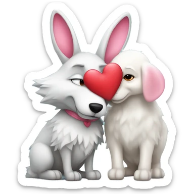 Old Wolf kissing white Bunny with pink ears, with big red heart between them  sticker