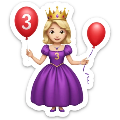 queen wearing dress, holding balloon in shape of number 3 sticker