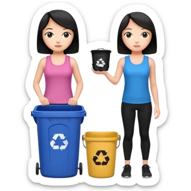 generate a genmoji of a black haired girl in a pink tank top and black leggings holding a black trash bag. Standing with her is a brunette girl in a similar blue tank top and black leggings.
Standing in front of a dustbin sticker
