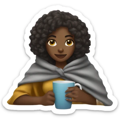 Black girl with shoulder length curly hair drinking from a mug while wrapped in a poncho sticker