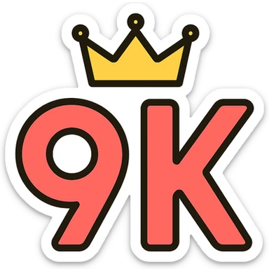 the lettering '9k' with a crown on top, visually balanced, suitable for a logo, clean design sticker