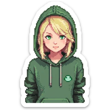a blonde girl in a green hoodie winking sticker